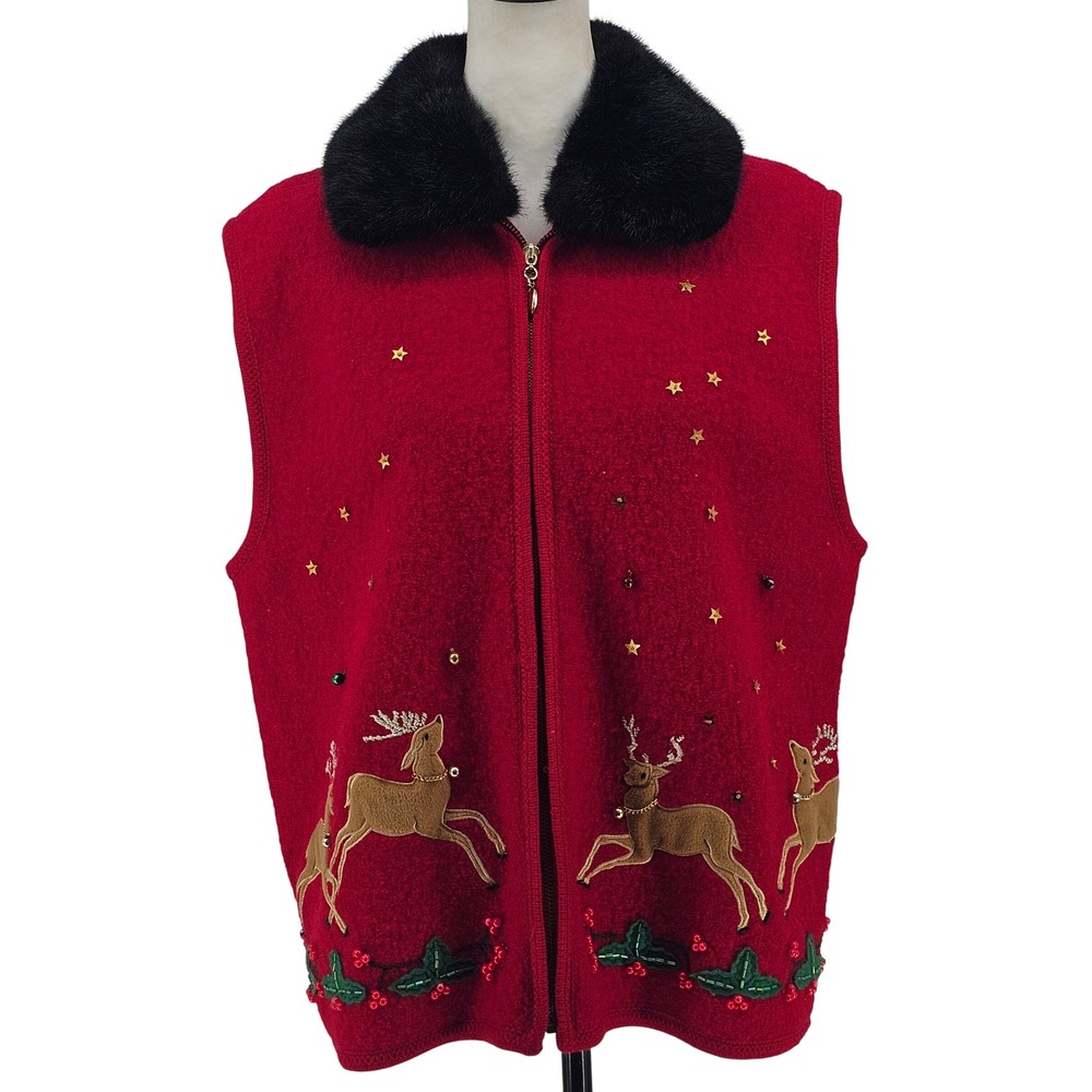 Vintage 90s Lisa International Boiled Wool Vest XL Red Christmas Reindeer Kitsch - Picture 2 of 11